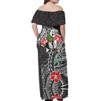 Personalised South Sydney Rabbitohs Off Shoulder Maxi Dress Polynesian Tribal Pattern With Rugby Rabbit Mascot Art