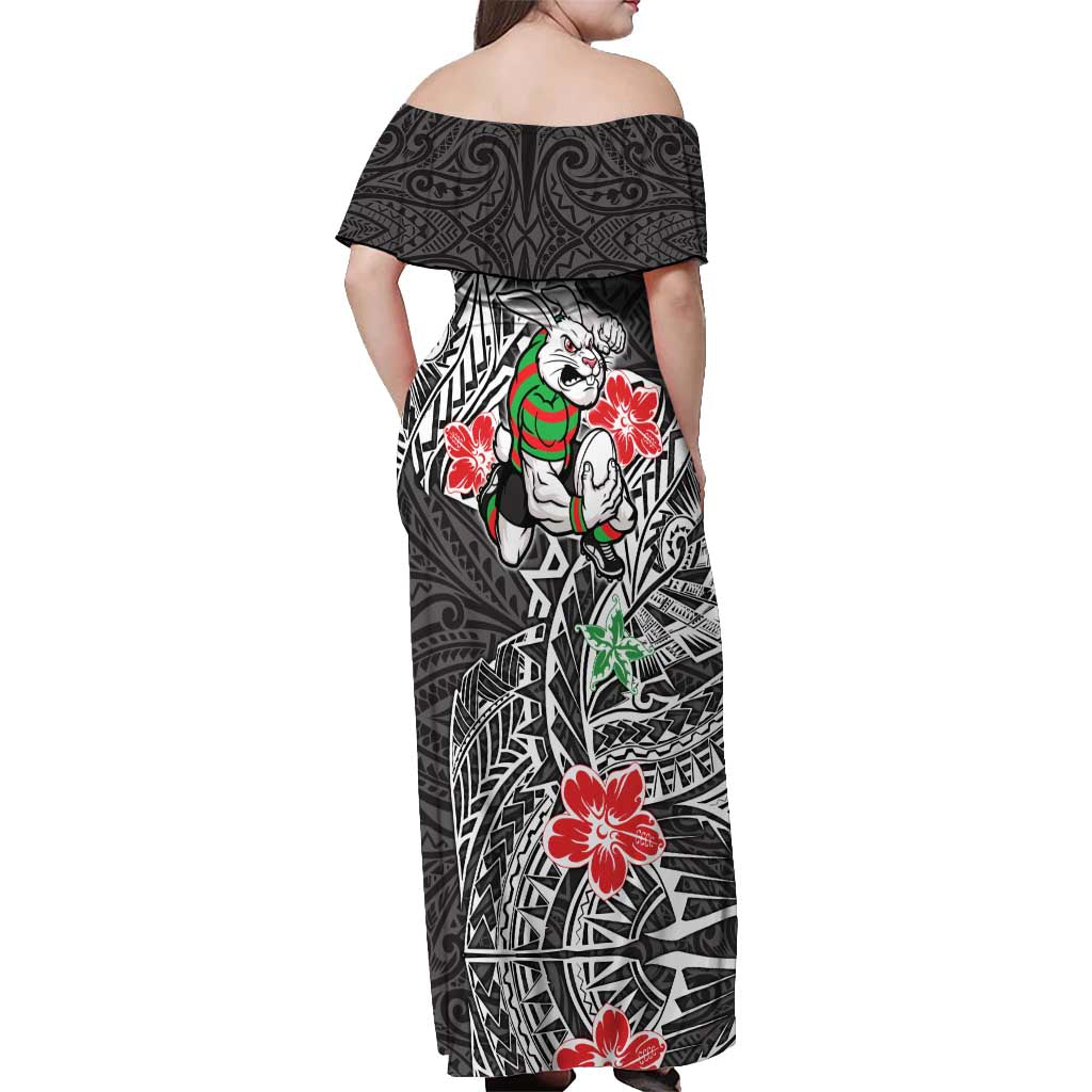 Personalised South Sydney Rabbitohs Off Shoulder Maxi Dress Polynesian Tribal Pattern With Rugby Rabbit Mascot Art