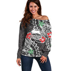 Personalised South Sydney Rabbitohs Off Shoulder Sweater Polynesian Tribal Pattern With Rugby Rabbit Mascot Art