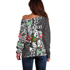 Personalised South Sydney Rabbitohs Off Shoulder Sweater Polynesian Tribal Pattern With Rugby Rabbit Mascot Art