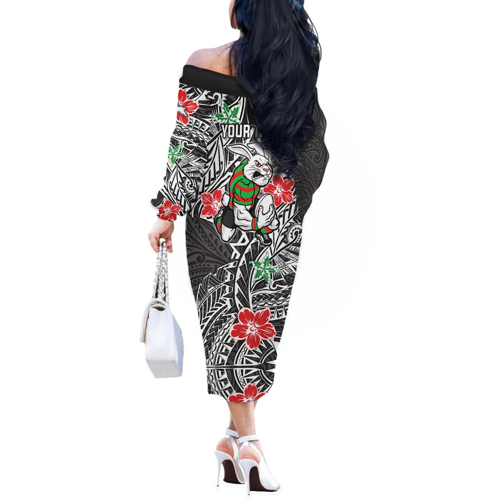 Personalised South Sydney Rabbitohs Off The Shoulder Long Sleeve Dress Polynesian Tribal Pattern With Rugby Rabbit Mascot Art