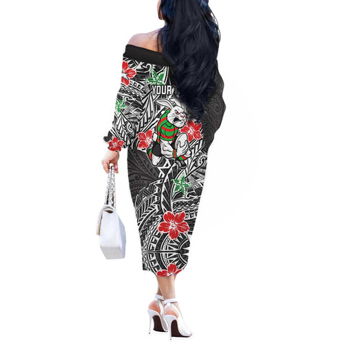Personalised South Sydney Rabbitohs Off The Shoulder Long Sleeve Dress Polynesian Tribal Pattern With Rugby Rabbit Mascot Art