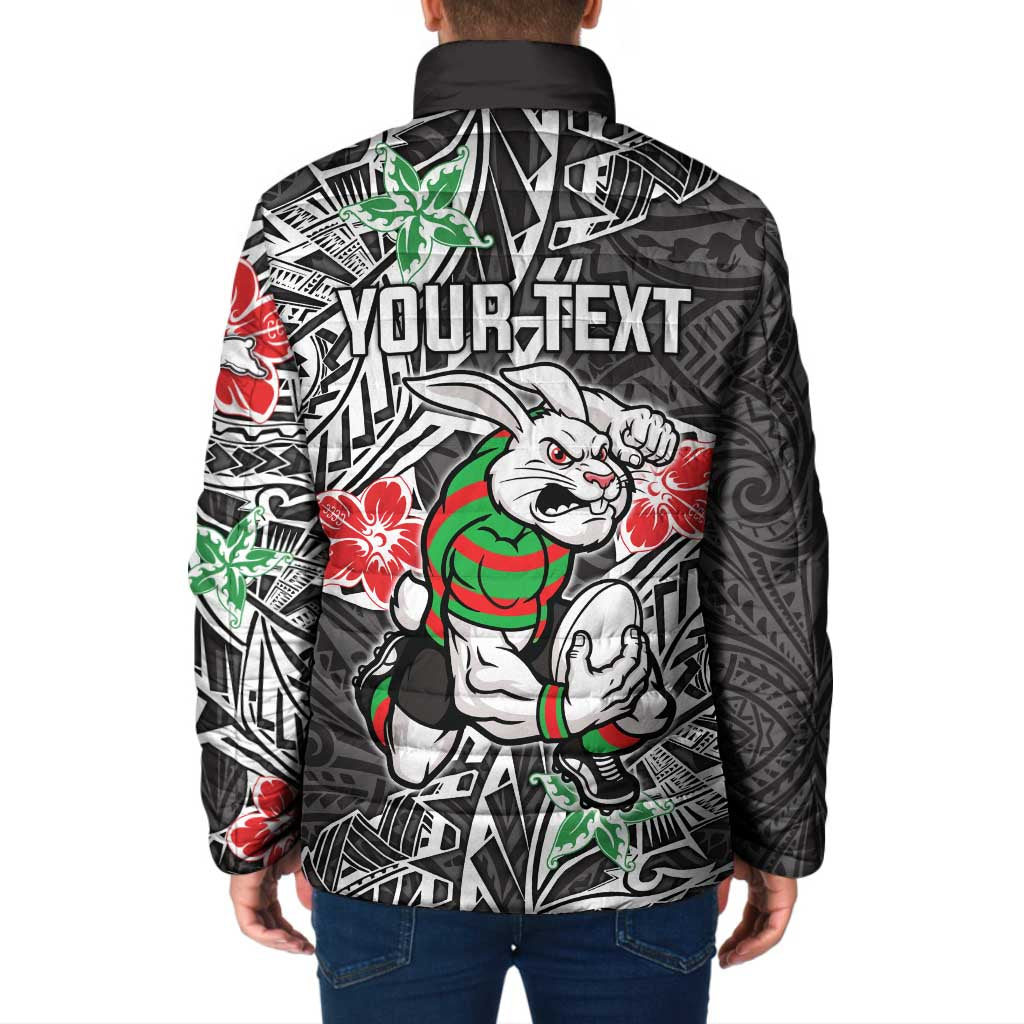 Personalised South Sydney Rabbitohs Padded Jacket Polynesian Tribal Pattern With Rugby Rabbit Mascot Art