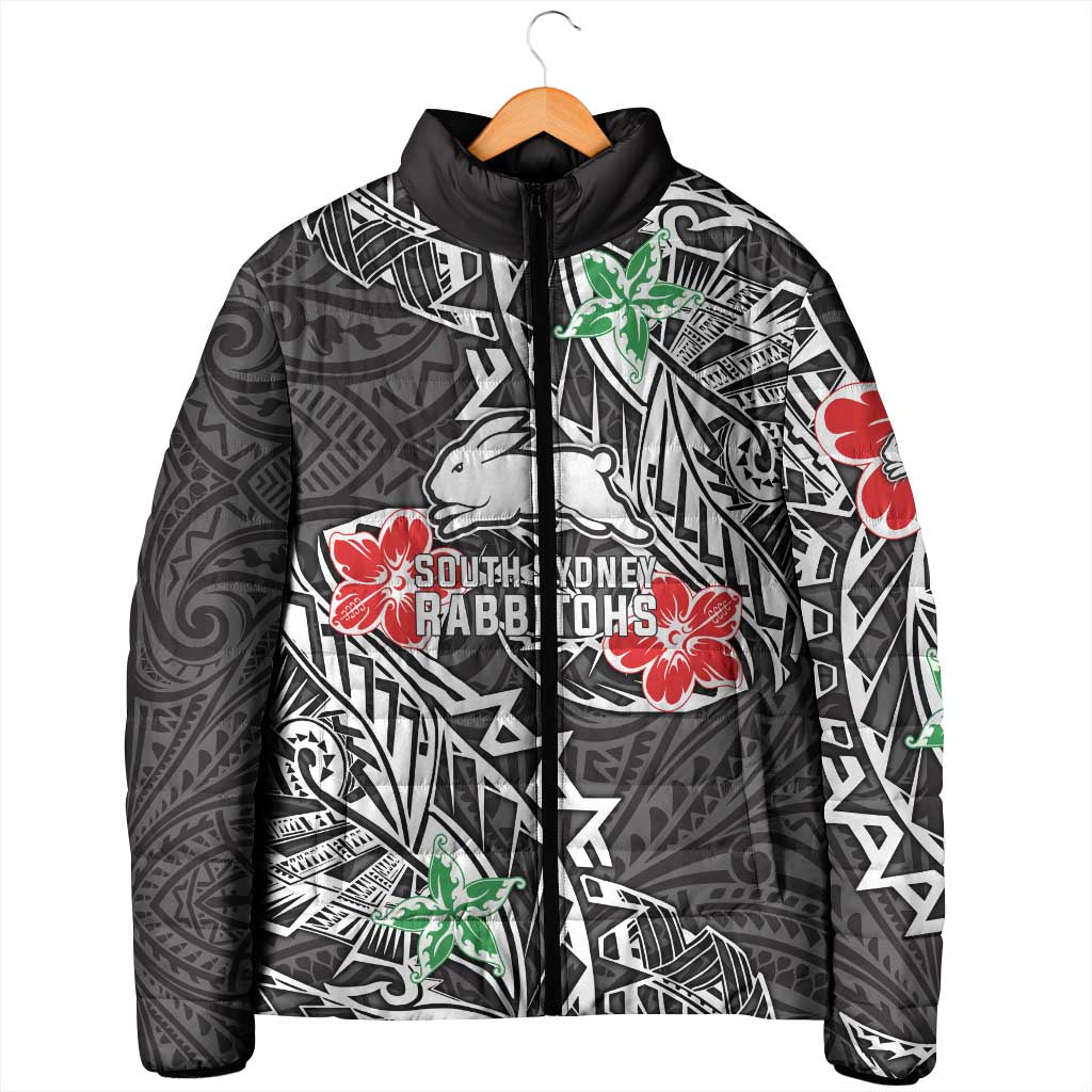 Personalised South Sydney Rabbitohs Padded Jacket Polynesian Tribal Pattern With Rugby Rabbit Mascot Art