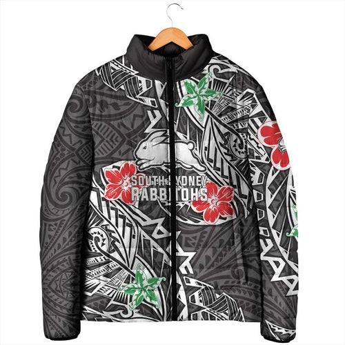 Personalised South Sydney Rabbitohs Padded Jacket Polynesian Tribal Pattern With Rugby Rabbit Mascot Art