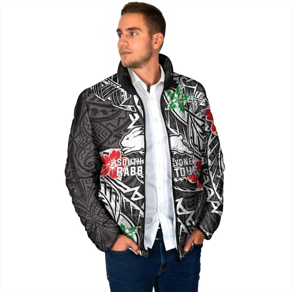 Personalised South Sydney Rabbitohs Padded Jacket Polynesian Tribal Pattern With Rugby Rabbit Mascot Art