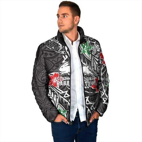 Personalised South Sydney Rabbitohs Padded Jacket Polynesian Tribal Pattern With Rugby Rabbit Mascot Art