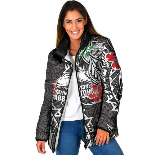 Personalised South Sydney Rabbitohs Padded Jacket Polynesian Tribal Pattern With Rugby Rabbit Mascot Art