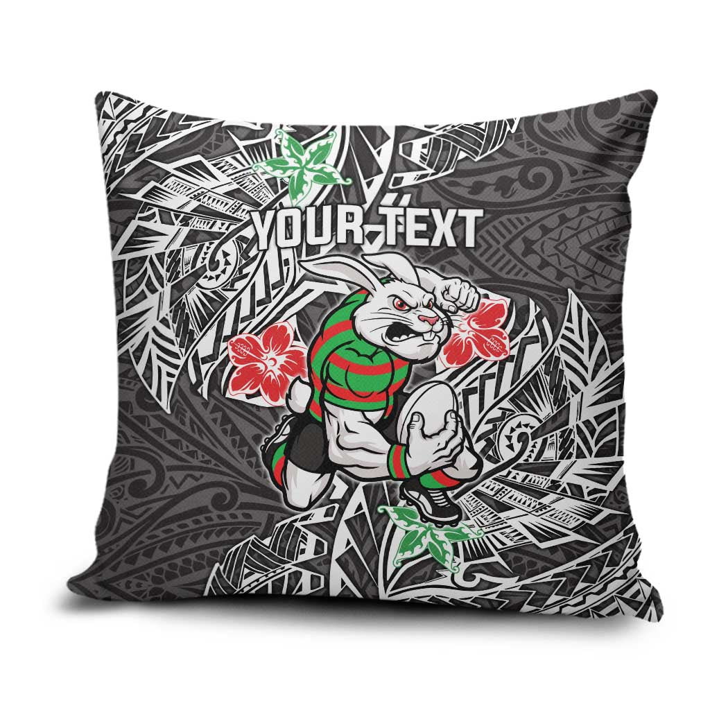 Personalised South Sydney Rabbitohs Pillow Cover Polynesian Tribal Pattern With Rugby Rabbit Mascot Art