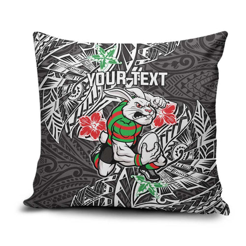 Personalised South Sydney Rabbitohs Pillow Cover Polynesian Tribal Pattern With Rugby Rabbit Mascot Art