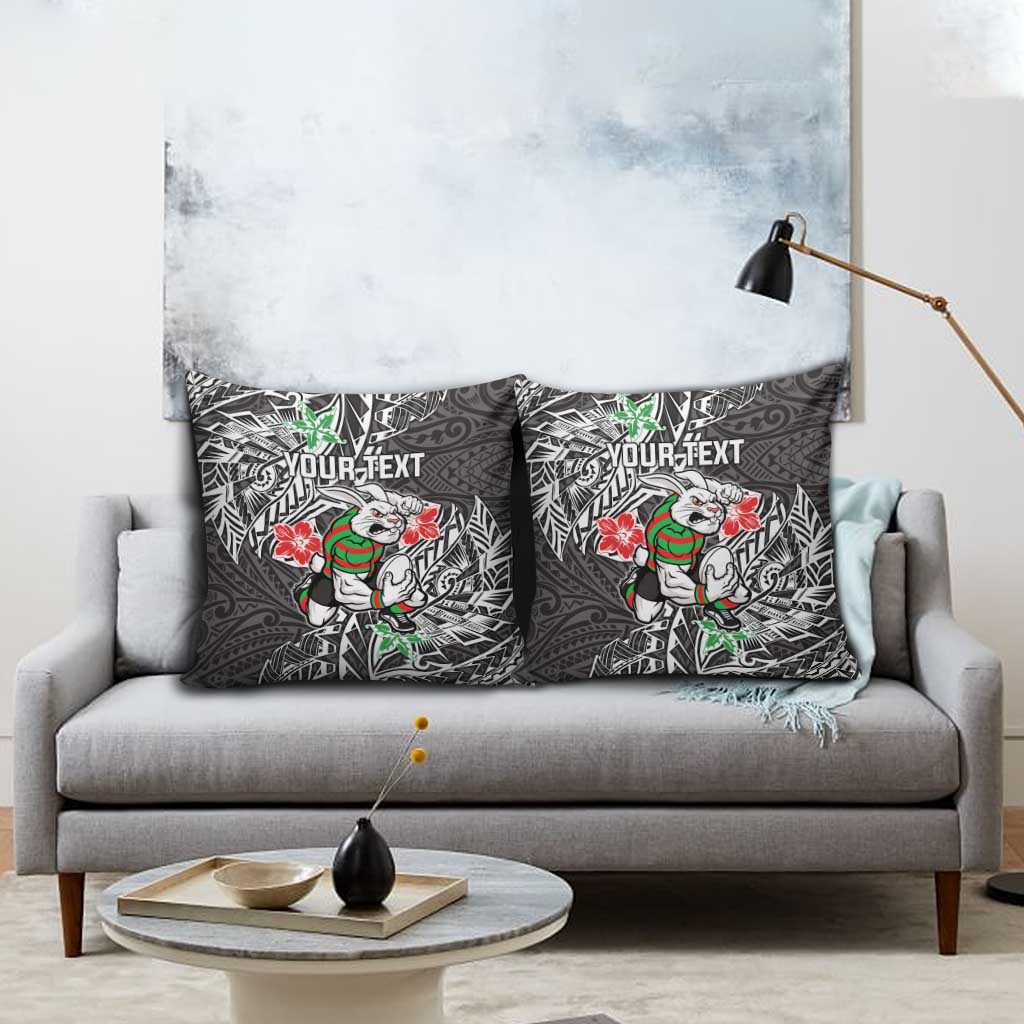 Personalised South Sydney Rabbitohs Pillow Cover Polynesian Tribal Pattern With Rugby Rabbit Mascot Art