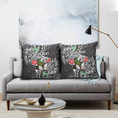 Personalised South Sydney Rabbitohs Pillow Cover Polynesian Tribal Pattern With Rugby Rabbit Mascot Art