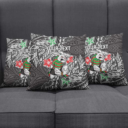 Personalised South Sydney Rabbitohs Pillow Cover Polynesian Tribal Pattern With Rugby Rabbit Mascot Art