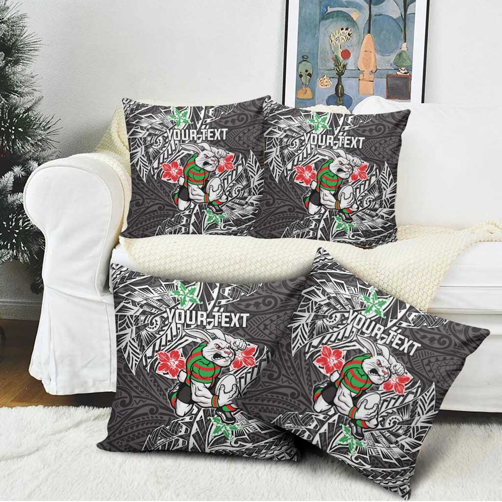 Personalised South Sydney Rabbitohs Pillow Cover Polynesian Tribal Pattern With Rugby Rabbit Mascot Art