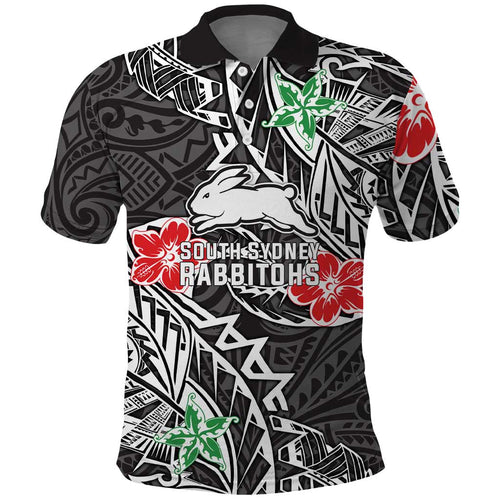 Personalised South Sydney Rabbitohs Polo Shirt Polynesian Tribal Pattern With Rugby Rabbit Mascot Art