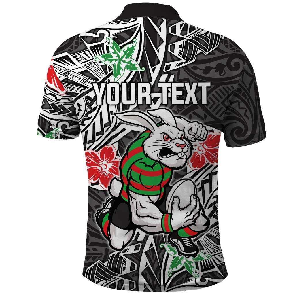 Personalised South Sydney Rabbitohs Polo Shirt Polynesian Tribal Pattern With Rugby Rabbit Mascot Art