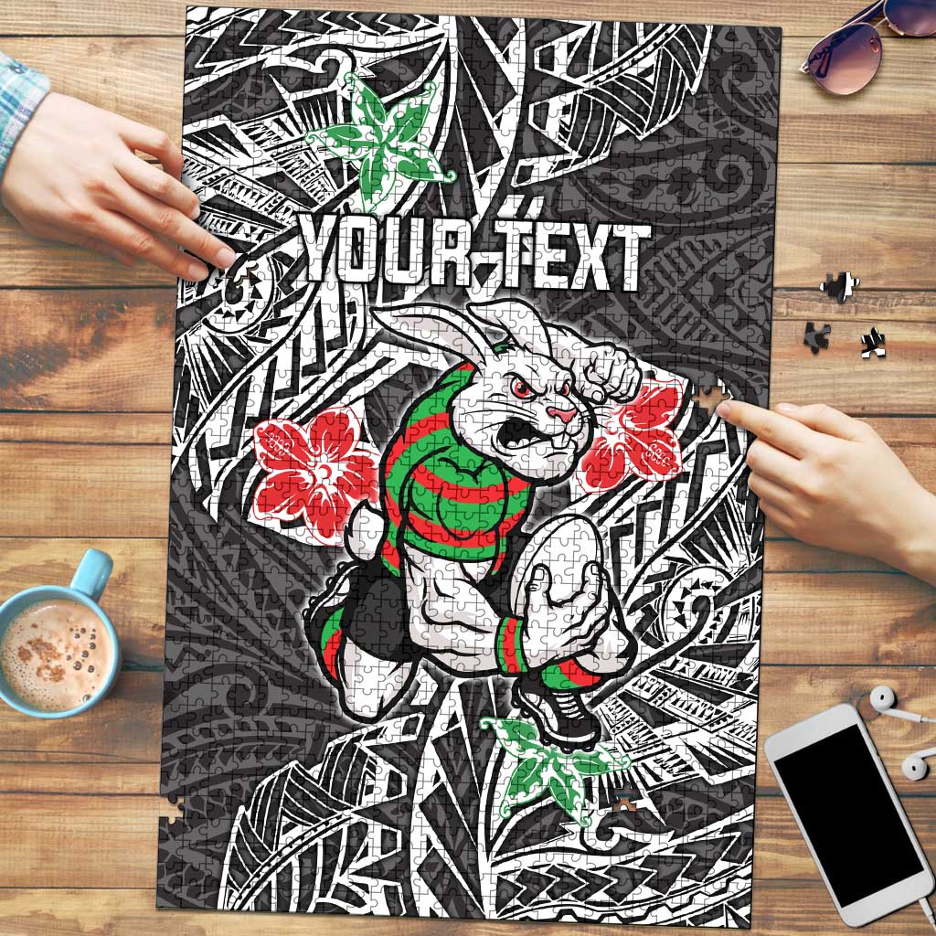 Personalised South Sydney Rabbitohs Puzzle Polynesian Tribal Pattern With Rugby Rabbit Mascot Art