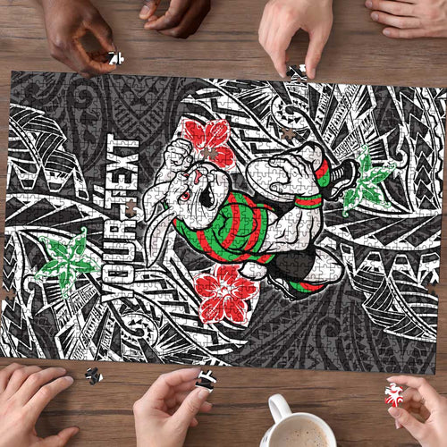 Personalised South Sydney Rabbitohs Puzzle Polynesian Tribal Pattern With Rugby Rabbit Mascot Art