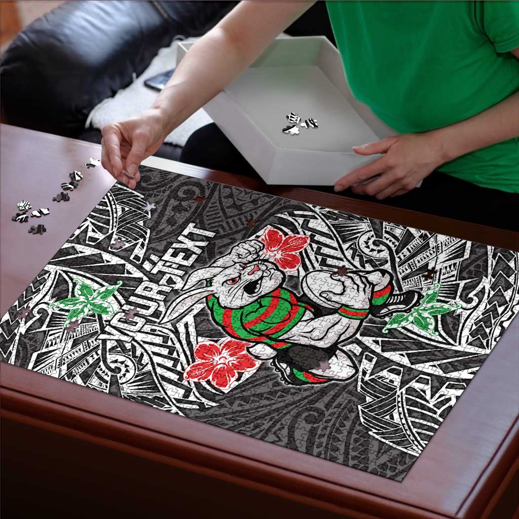 Personalised South Sydney Rabbitohs Puzzle Polynesian Tribal Pattern With Rugby Rabbit Mascot Art