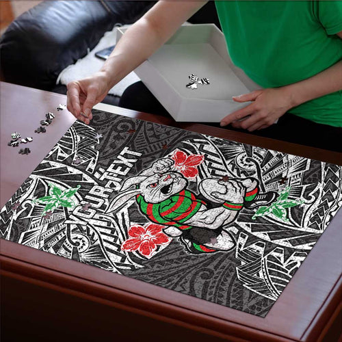 Personalised South Sydney Rabbitohs Puzzle Polynesian Tribal Pattern With Rugby Rabbit Mascot Art