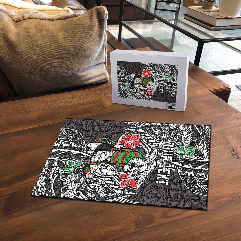 Personalised South Sydney Rabbitohs Puzzle Polynesian Tribal Pattern With Rugby Rabbit Mascot Art
