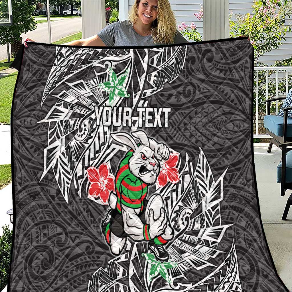 Personalised South Sydney Rabbitohs Quilt Polynesian Tribal Pattern With Rugby Rabbit Mascot Art