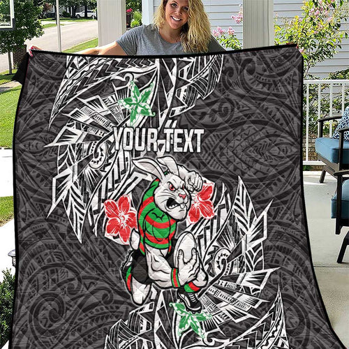 Personalised South Sydney Rabbitohs Quilt Polynesian Tribal Pattern With Rugby Rabbit Mascot Art
