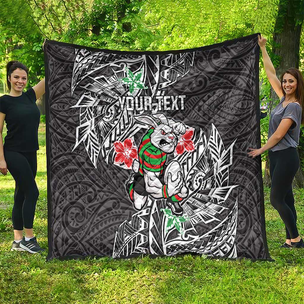 Personalised South Sydney Rabbitohs Quilt Polynesian Tribal Pattern With Rugby Rabbit Mascot Art