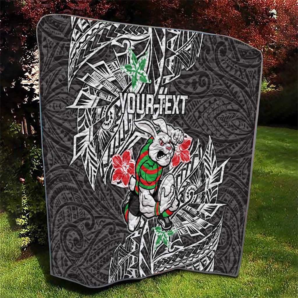 Personalised South Sydney Rabbitohs Quilt Polynesian Tribal Pattern With Rugby Rabbit Mascot Art