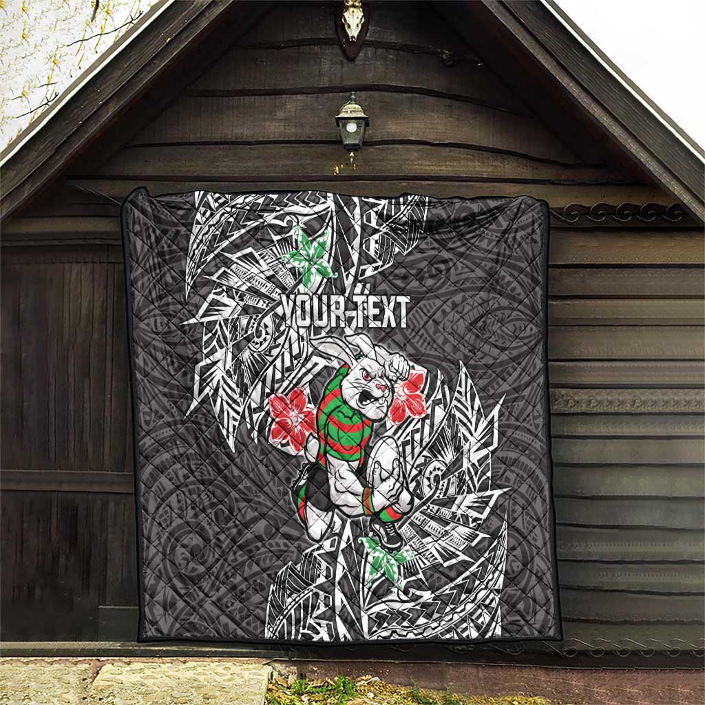 Personalised South Sydney Rabbitohs Quilt Polynesian Tribal Pattern With Rugby Rabbit Mascot Art