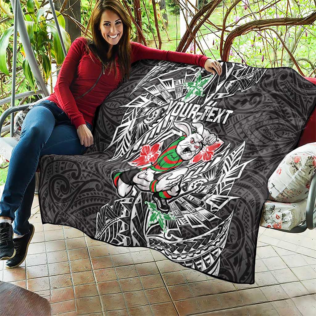 Personalised South Sydney Rabbitohs Quilt Polynesian Tribal Pattern With Rugby Rabbit Mascot Art