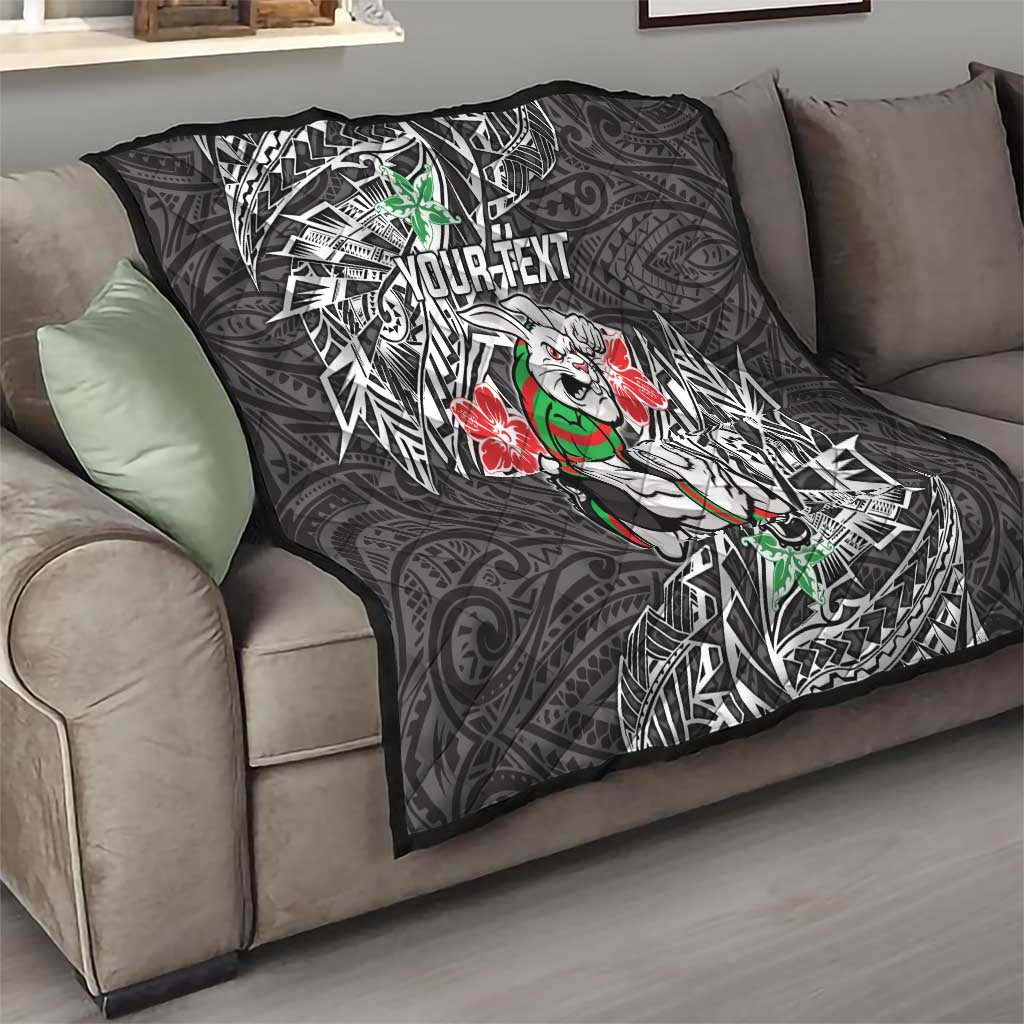 Personalised South Sydney Rabbitohs Quilt Polynesian Tribal Pattern With Rugby Rabbit Mascot Art