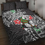Personalised South Sydney Rabbitohs Quilt Bed Set Polynesian Tribal Pattern With Rugby Rabbit Mascot Art