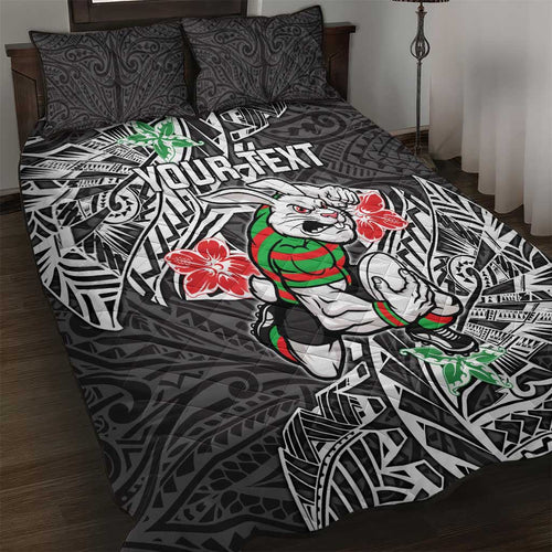 Personalised South Sydney Rabbitohs Quilt Bed Set Polynesian Tribal Pattern With Rugby Rabbit Mascot Art