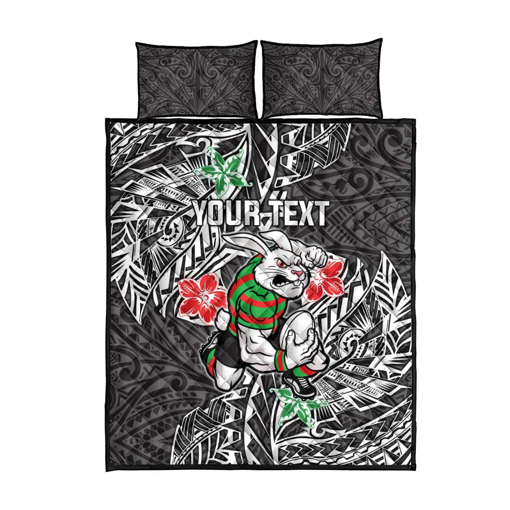 Personalised South Sydney Rabbitohs Quilt Bed Set Polynesian Tribal Pattern With Rugby Rabbit Mascot Art