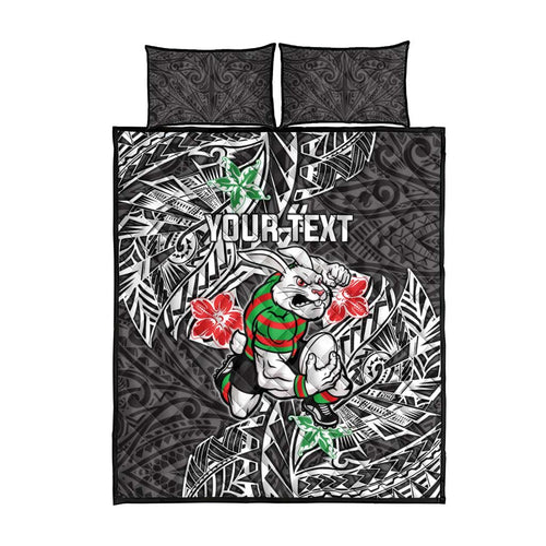 Personalised South Sydney Rabbitohs Quilt Bed Set Polynesian Tribal Pattern With Rugby Rabbit Mascot Art