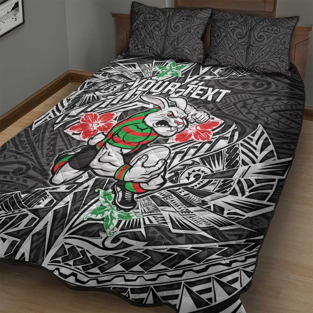 Personalised South Sydney Rabbitohs Quilt Bed Set Polynesian Tribal Pattern With Rugby Rabbit Mascot Art
