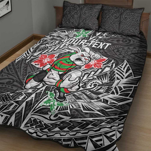 Personalised South Sydney Rabbitohs Quilt Bed Set Polynesian Tribal Pattern With Rugby Rabbit Mascot Art
