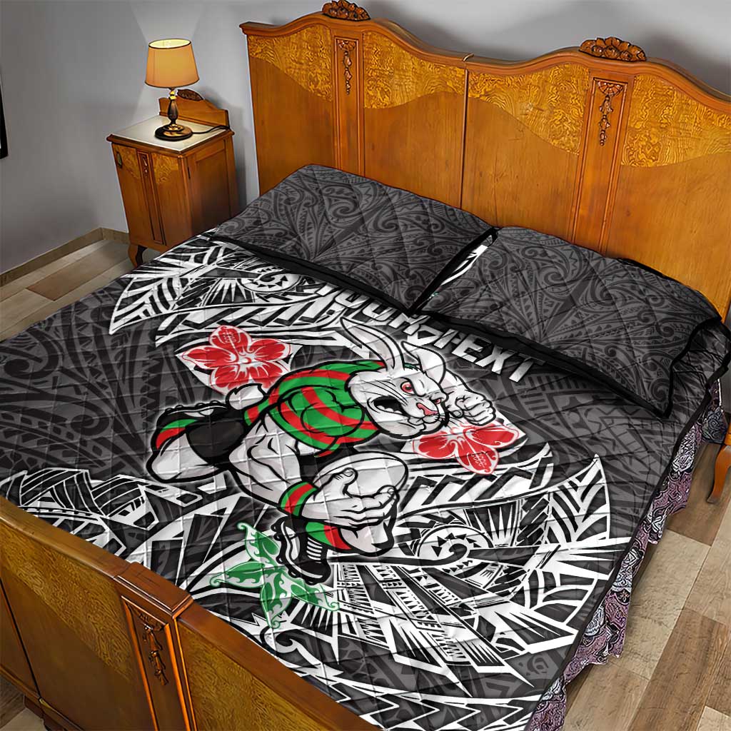 Personalised South Sydney Rabbitohs Quilt Bed Set Polynesian Tribal Pattern With Rugby Rabbit Mascot Art