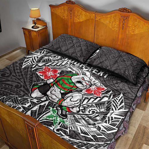 Personalised South Sydney Rabbitohs Quilt Bed Set Polynesian Tribal Pattern With Rugby Rabbit Mascot Art