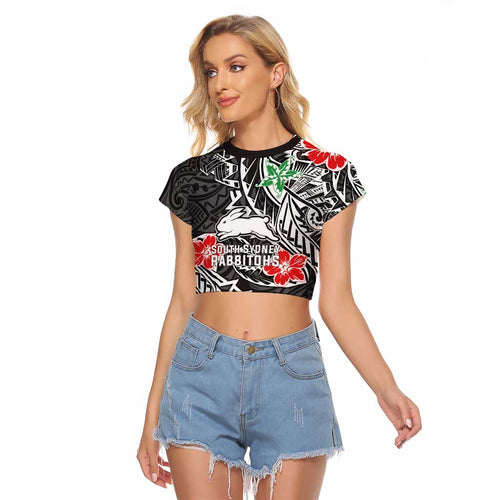 Personalised South Sydney Rabbitohs Raglan Cropped T Shirt Polynesian Tribal Pattern With Rugby Rabbit Mascot Art