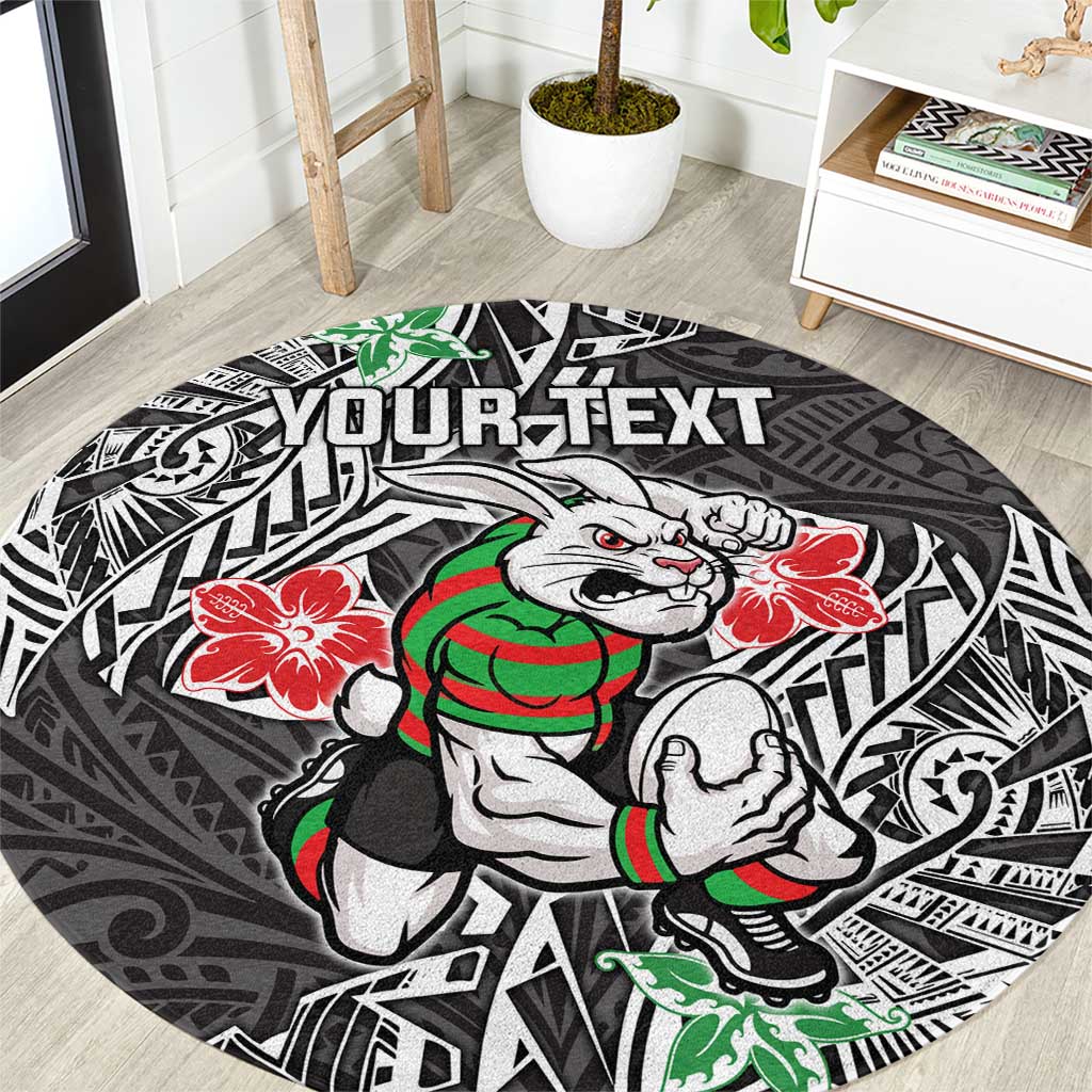 Personalised South Sydney Rabbitohs Round Carpet Polynesian Tribal Pattern With Rugby Rabbit Mascot Art