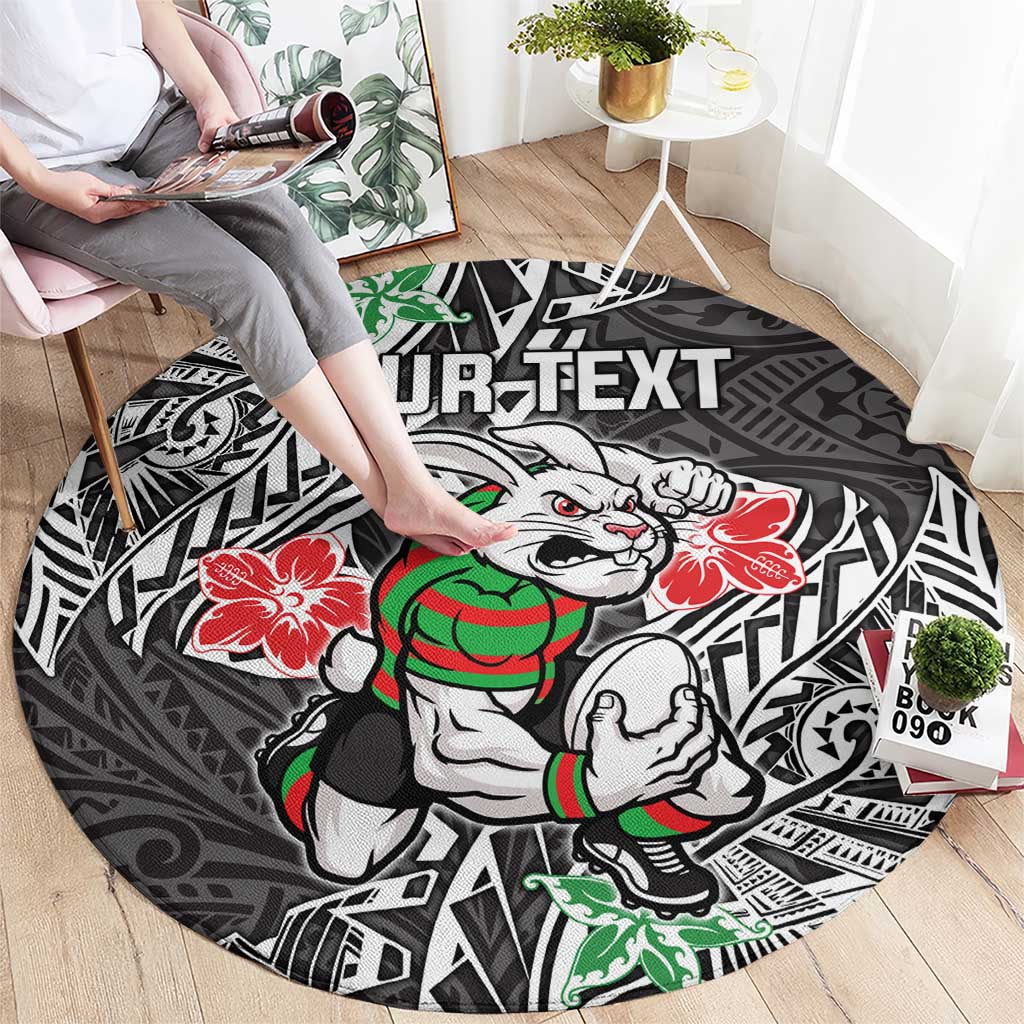 Personalised South Sydney Rabbitohs Round Carpet Polynesian Tribal Pattern With Rugby Rabbit Mascot Art