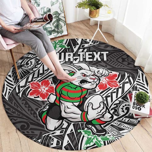 Personalised South Sydney Rabbitohs Round Carpet Polynesian Tribal Pattern With Rugby Rabbit Mascot Art