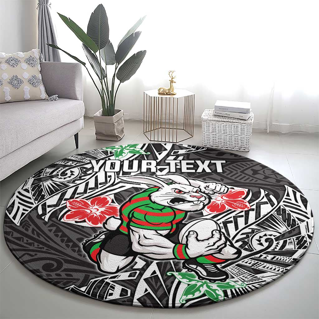 Personalised South Sydney Rabbitohs Round Carpet Polynesian Tribal Pattern With Rugby Rabbit Mascot Art