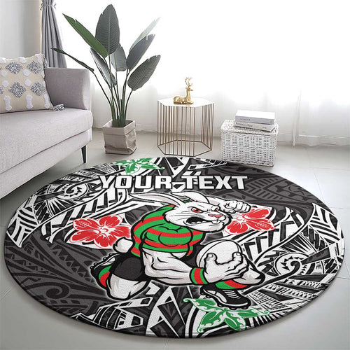 Personalised South Sydney Rabbitohs Round Carpet Polynesian Tribal Pattern With Rugby Rabbit Mascot Art