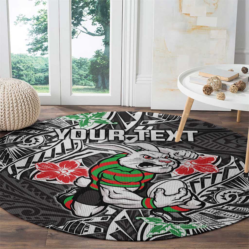 Personalised South Sydney Rabbitohs Round Carpet Polynesian Tribal Pattern With Rugby Rabbit Mascot Art