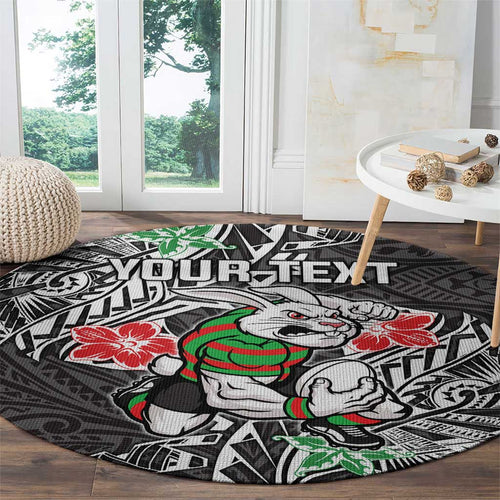 Personalised South Sydney Rabbitohs Round Carpet Polynesian Tribal Pattern With Rugby Rabbit Mascot Art