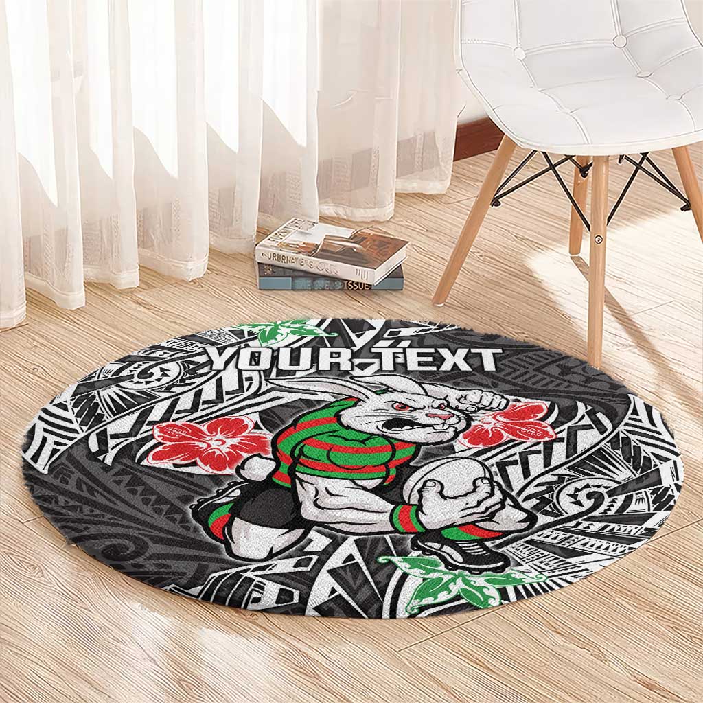 Personalised South Sydney Rabbitohs Round Carpet Polynesian Tribal Pattern With Rugby Rabbit Mascot Art