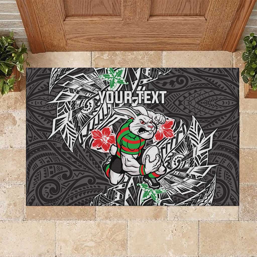 Personalised South Sydney Rabbitohs Rubber Doormat Polynesian Tribal Pattern With Rugby Rabbit Mascot Art